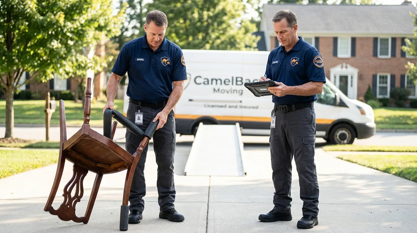 Movers inspecting furniture for damage prevention before loading in Panguitch, UT